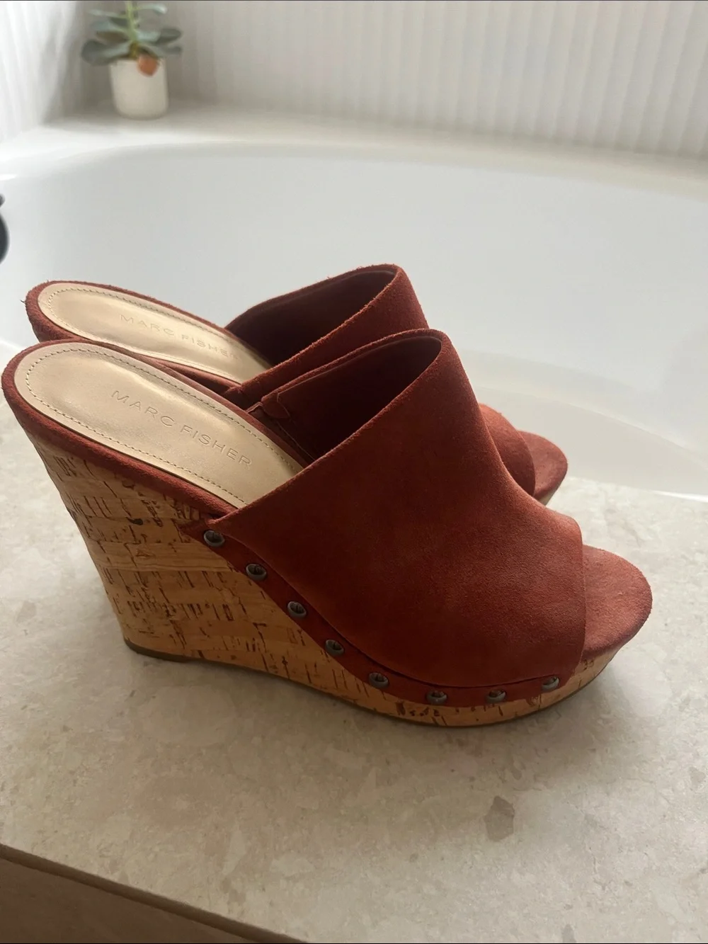Marc Fisher Rust Suede Platform Wedge Mules